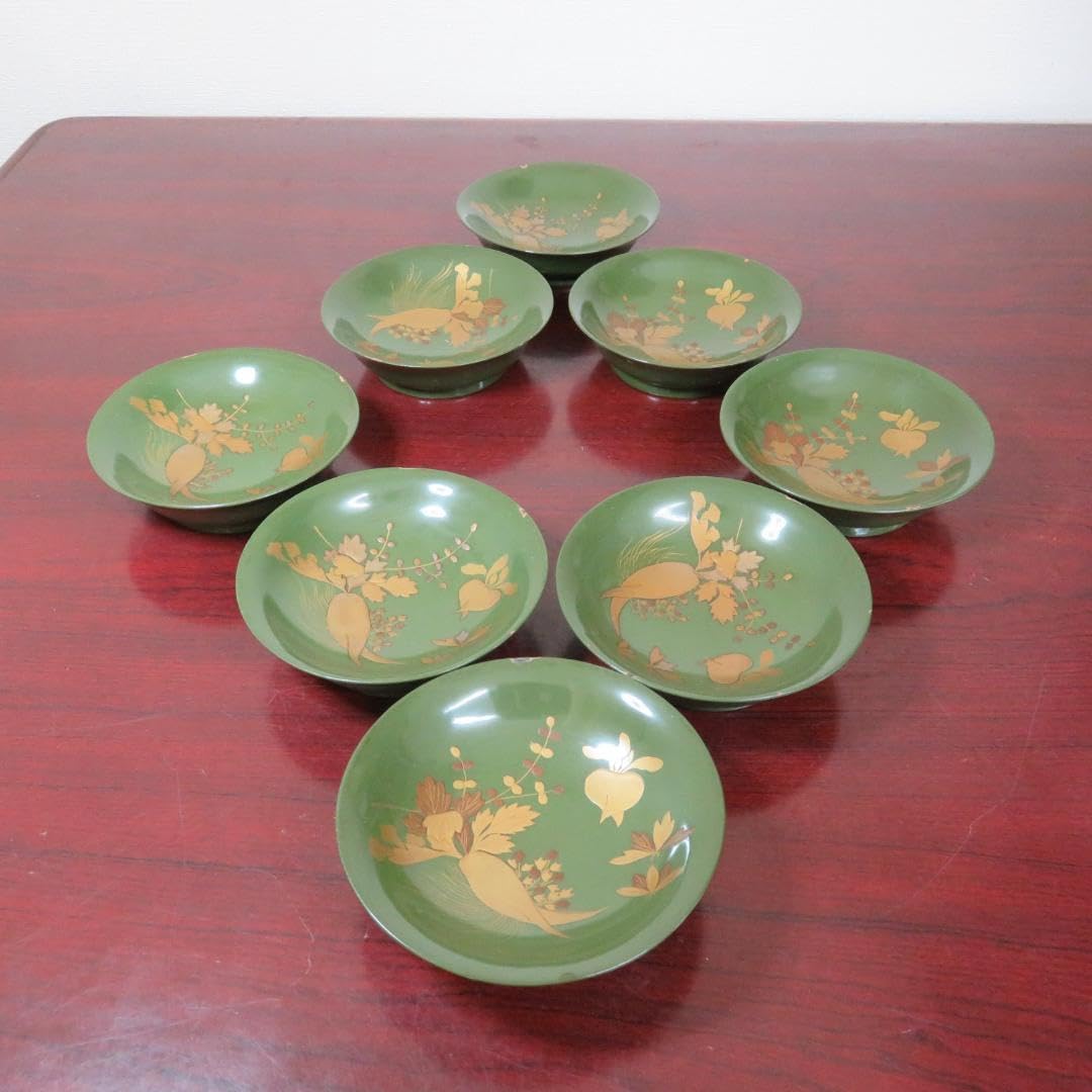 青地 明治頃 蒔絵 大根 カブ 盃 漆器 希少 緑吸物碗 欠け スレ 傷 8ケ